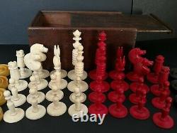 Antique Turned Bone Chess Set & Turned Box wood & Ebony Draughts Men in Box