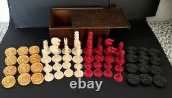 Antique Turned Bone Chess Set & Turned Box wood & Ebony Draughts Men in Box