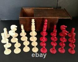 Antique Turned Bone Chess Set & Turned Box wood & Ebony Draughts Men in Box