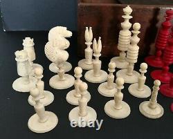 Antique Turned Bone Chess Set & Turned Box wood & Ebony Draughts Men in Box