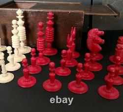 Antique Turned Bone Chess Set & Turned Box wood & Ebony Draughts Men in Box