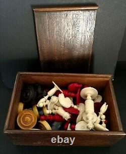 Antique Turned Bone Chess Set & Turned Box wood & Ebony Draughts Men in Box