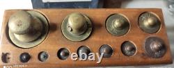 Antique Victorian Brass Balance Scale Set Complete Weights in Wooden Box