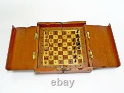 Antique Victorian Rosewood/satin Wood Board Travel Chess Set In Mahogany Box