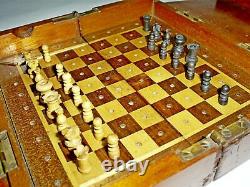 Antique Victorian Rosewood/satin Wood Board Travel Chess Set In Mahogany Box