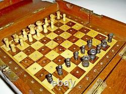 Antique Victorian Rosewood/satin Wood Board Travel Chess Set In Mahogany Box