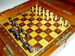 Antique Victorian Rosewood/satin Wood Board Travel Chess Set In Mahogany Box