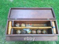 Antique Vintage Croquet Set in Original Wooden Box Rules 6 Players Complete Lot