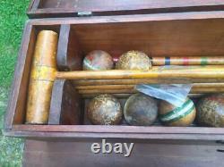Antique Vintage Croquet Set in Original Wooden Box Rules 6 Players Complete Lot