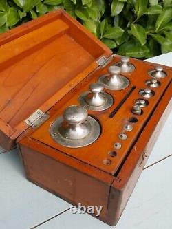 Antique Vintage Tools Set Of Weights In Wooden Wood Box