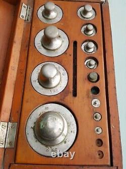 Antique Vintage Tools Set Of Weights In Wooden Wood Box