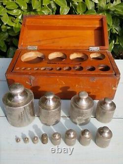 Antique Vintage Tools Set Of Weights In Wooden Wood Box