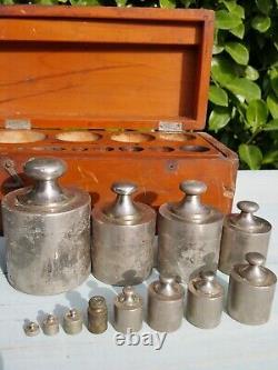 Antique Vintage Tools Set Of Weights In Wooden Wood Box