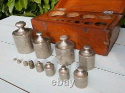Antique Vintage Tools Set Of Weights In Wooden Wood Box