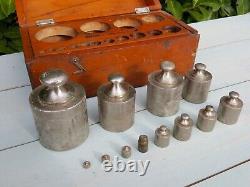 Antique Vintage Tools Set Of Weights In Wooden Wood Box