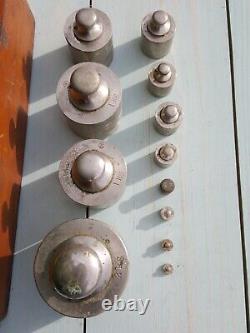 Antique Vintage Tools Set Of Weights In Wooden Wood Box