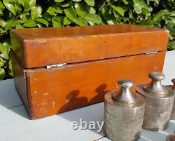 Antique Vintage Tools Set Of Weights In Wooden Wood Box