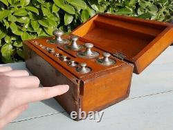 Antique Vintage Tools Set Of Weights In Wooden Wood Box