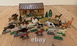 Antique Vintage Wooden Animals Noah's Ark Toy Set With Box U. S. Baking Co. 1880s