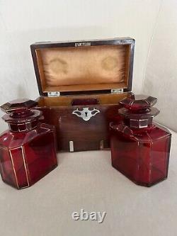 Antique Wood Wooden Metal Inlaid Tantalus Box 2 Red Glass Decanter Jar Set Caddy