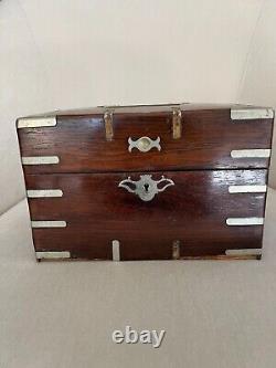 Antique Wood Wooden Metal Inlaid Tantalus Box 2 Red Glass Decanter Jar Set Caddy