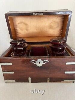 Antique Wood Wooden Metal Inlaid Tantalus Box 2 Red Glass Decanter Jar Set Caddy