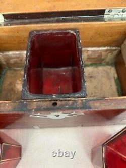 Antique Wood Wooden Metal Inlaid Tantalus Box 2 Red Glass Decanter Jar Set Caddy