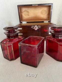 Antique Wood Wooden Metal Inlaid Tantalus Box 2 Red Glass Decanter Jar Set Caddy