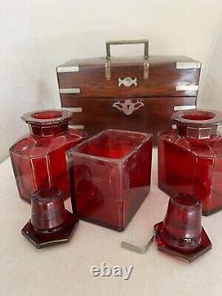 Antique Wood Wooden Metal Inlaid Tantalus Box 2 Red Glass Decanter Jar Set Caddy