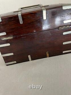 Antique Wood Wooden Metal Inlaid Tantalus Box 2 Red Glass Decanter Jar Set Caddy