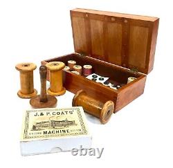 Antique Wooden Haberdashery Box / Sewing Chest & Contents / Coat's Spool Set