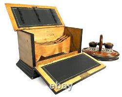 Antique Wooden Stationery Box & Inkwell Stand Set Letter Desktop Tidy / Cabinet