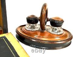 Antique Wooden Stationery Box & Inkwell Stand Set Letter Desktop Tidy / Cabinet