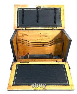 Antique Wooden Stationery Box & Inkwell Stand Set Letter Desktop Tidy / Cabinet