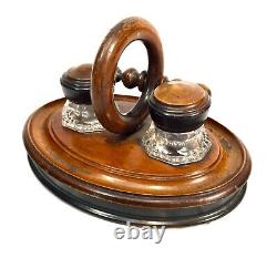 Antique Wooden Stationery Box & Inkwell Stand Set Letter Desktop Tidy / Cabinet