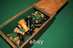 Antique Wooden Staunton style Chess Set Complete VGC Rich Patina Boxed, King 8cm