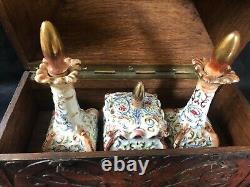 Antique Wooden box with porcelain perfume bottles vanity set