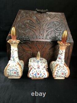 Antique Wooden box with porcelain perfume bottles vanity set