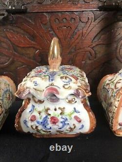 Antique Wooden box with porcelain perfume bottles vanity set