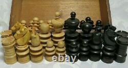 Antique c. 1900-1920 Regency Wooden Chess Set Boxed Ebony Boxwood Chip Carved Box