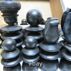 Antique c. 1900-1920 Regency Wooden Chess Set Boxed Ebony Boxwood Chip Carved Box