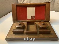 Antique vintage wooden desk tidy inkwell writing box set