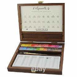 Artist watercolour paint set Sennelier wooden box Extra Fine 24 Half Pans brush