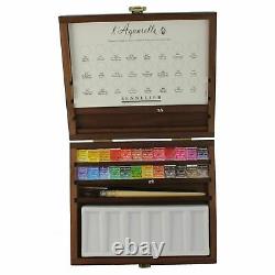 Artist watercolour paint set Sennelier wooden box Extra Fine 24 Half Pans brush