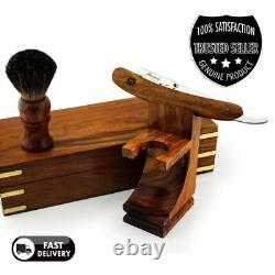 Barber Shaving Set Pure Badger Brush, Straight Cut Razor Stand & Wooden Box Mens