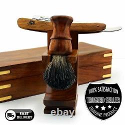 Barber Shaving Set Pure Badger Brush, Straight Cut Razor Stand & Wooden Box Mens