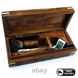 Barber Shaving Set Pure Badger Brush, Straight Cut Razor Stand & Wooden Box Mens