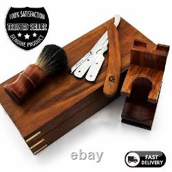 Barber Shaving Set Pure Badger Brush, Straight Cut Razor Stand & Wooden Box Mens