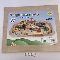 Bigjigs wooden Freight Train Set in wooden box approx 130 pieces Tracks Bridges