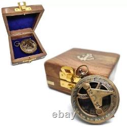 Brass Sundial Antique Pocket Compass with Wooden Box Compass Gift Set of 20 Pcs